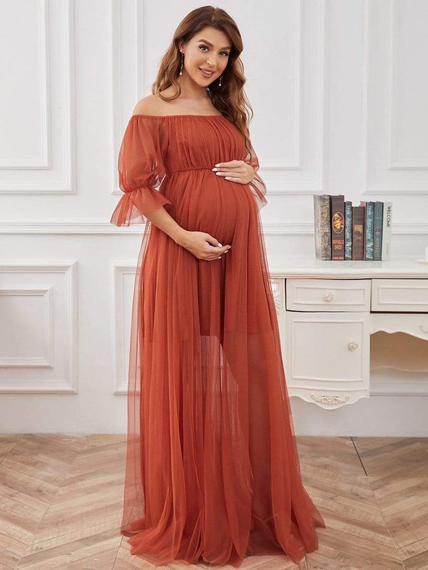 Maternity photo shoot dress lace flowing tulle off shoulder