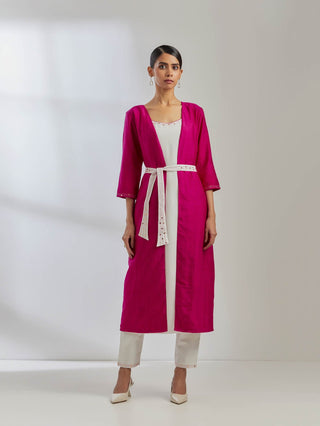 White Silk Strappy Kurta With White Pant And Pink Raw Silk Cape(Set Of 3)