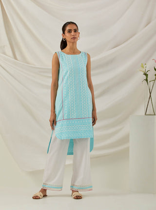 Blue Chikankari Afroza High Low Kurta and Palazzo with lace detail front view 