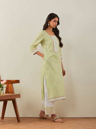 Green Plain Rozana Straight Kurta With Chikankari Placket and Palazzo with wide lace detail (Set of 2) Right Side View