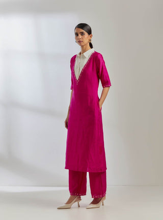 Pink Raw Silk Collared Kurta With Pink Palazzo (Set Of 2) Left View