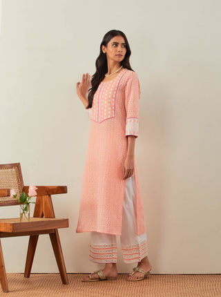 Peach Chikankari Rooh Straight Kurta and Palazzo with wide lace detail (Set of 2) Left View