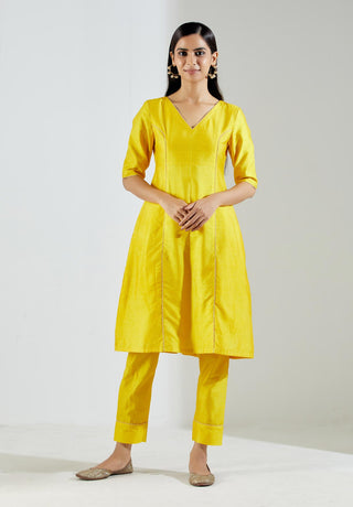Yellow Markab Kurta Dress with Pant and dupatta (Set of 3) Full Front View