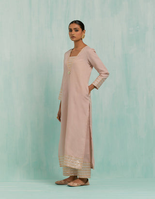 Pale Pink Rukhsaar Straight Kurta And Palazzo With Gold Silver Gota Details (Set Of 2)