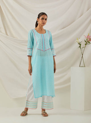 Blue Chikankari Rooh Straight Kurta and Palazzo with wide lace detail (Set of 2) Full Front View