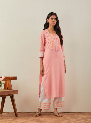 Peach Plain Rooh Straight Kurta With Chikankari Yoke Details and Palazzo with wide lace detail  side view