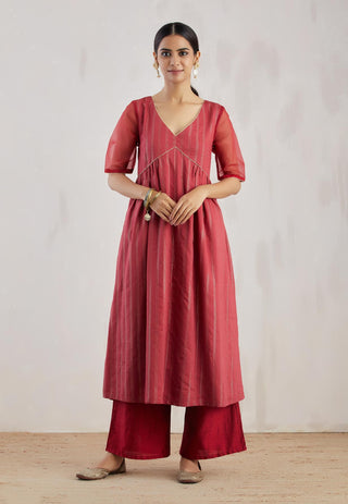 Red Meissa Kurta with Pant and dupatta (Set of 3) Full Front View