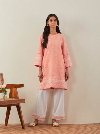 Peach Chikankari Pak Wide Arm Kurta and Palazzo with lace detail (Set of 2) Full Front View