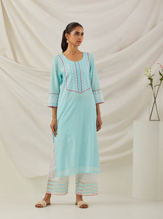 Blue Plain Rooh Straight Kurta With Chikankari Yoke Details and Palazzo with wide lace detail & Dupatta (Set of 3) Front view