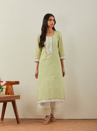 Green Plain Rozana Straight Kurta With Chikankari Placket and Palazzo with wide lace detail (Set of 2) Front Side View
