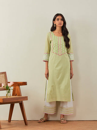Green Plain Rooh Straight Kurta With Chikankari Yoke Details and Palazzo with wide lace detail & Dupatta (Set of 3) Full Front View