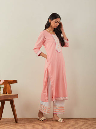 Peach Plain Rozana Straight Kurta With Chikankari Placket and Palazzo with wide lace detail (Set of 2) Right View