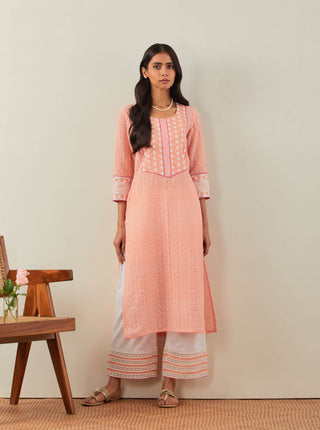 Peach Chikankari Rooh Straight Kurta and Palazzo with wide lace detail & Dupatta (Set of 3) Full Front View