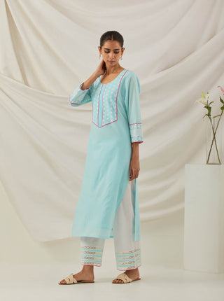 Blue Plain Rooh Straight Kurta With Chikankari Yoke Details and Palazzo with wide lace detail & Dupatta (Set of 3) Left View