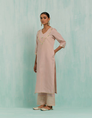 Pale Pink Mira Straight Kurta And Palazzo With Gold Silver Gota Details (Set Of 2)