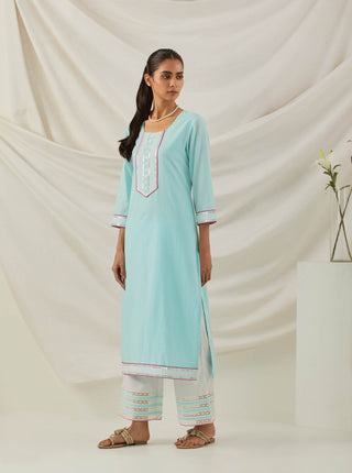 Blue Plain Rozana Straight Kurta With Chikankari Placket and Palazzo with wide lace detail (Set of 2) Side View