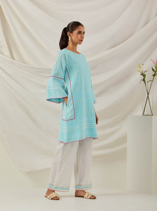 Blue Chikankari Pak Wide Arm Kurta and Palazzo with lace detail & Dupatta (Set of 3) Right View