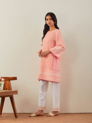 Peach Chikankari Pak Wide Arm Kurta and Palazzo with lace detail & Dupatta (Set of 3) Left View