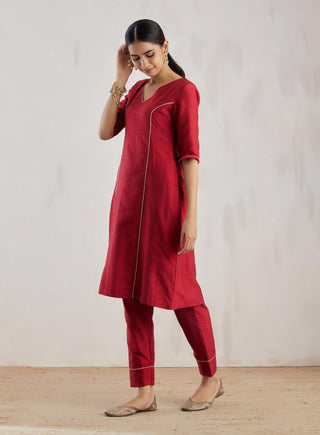 Red Markab Kurta with Pant (Set of 2) Left View