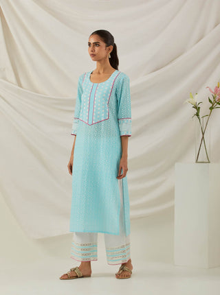 Blue Chikankari Rooh Straight Kurta and Palazzo with wide lace detail & Dupatta (Set of 3) Left View