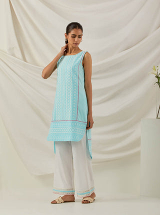 Blue Chikankari Afroza High Low Kurta and Palazzo with lace detail left side view 