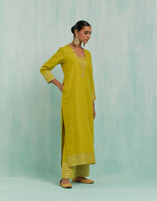 Lemon Green Rukhsaar Straight Kurta And Palazzo With Gold Silver Gota Details (Set Of 2)