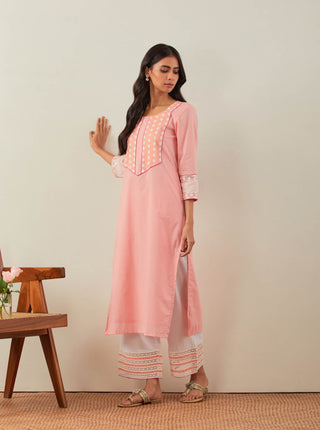 Peach Plain Rooh Straight Kurta With Chikankari Yoke Details and Palazzo with wide lace detail & Dupatta (Set of 3) Left View