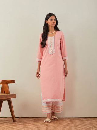 Peach Plain Rozana Straight Kurta With Chikankari Placket and Palazzo with wide lace detail (Set of 2) Full Front View