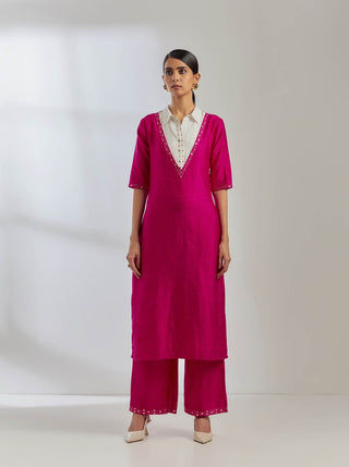 Pink Raw Silk Collared Kurta With Pink Palazzo (Set Of 2) Full Front View