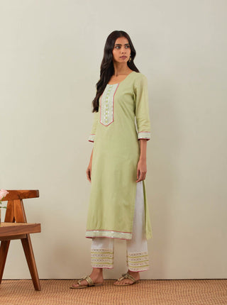 Green Plain Rozana Straight Kurta With Chikankari Placket and Palazzo with wide lace detail (Set of 2) Left View