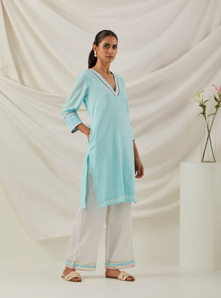 Blue Plain Kali Short Kurta With Chikankari Detail and Palazzo with lace detail (Set of 2) Right Side View