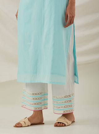 Blue Plain Rooh Straight Kurta With Chikankari Yoke Details and Palazzo with wide lace detail (Set of 2) Down View