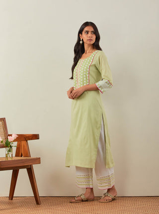 Green Plain Rooh Straight Kurta With Chikankari Yoke Details and Palazzo with wide lace detail & Dupatta (Set of 3) Left view