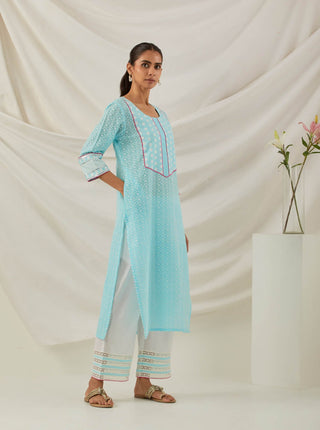 Blue Chikankari Rooh Straight Kurta and Palazzo with wide lace detail & Dupatta (Set of 3) Right View