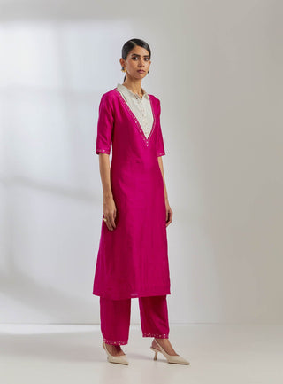 Pink Raw Silk Collared Kurta With Pink Palazzo (Set Of 2) Full Right View