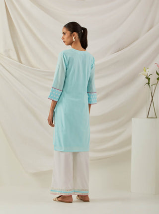 Blue Plain Kali Short Kurta With Chikankari Detail and Palazzo with lace detail (Set of 2) Back Side View