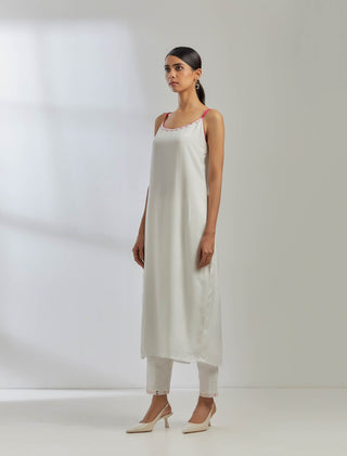White Silk Strappy Kurta With White Pant (Set Of 2) Left Side View