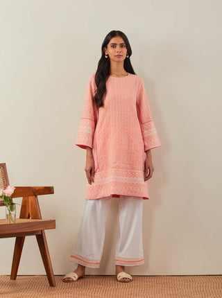 Peach Chikankari Pak Wide Arm Kurta and Palazzo with lace detail & Dupatta (Set of 3) Front View