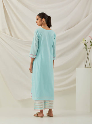 Blue Plain Rozana Straight Kurta With Chikankari Placket and Palazzo with wide lace detail (Set of 2) BAck Side View