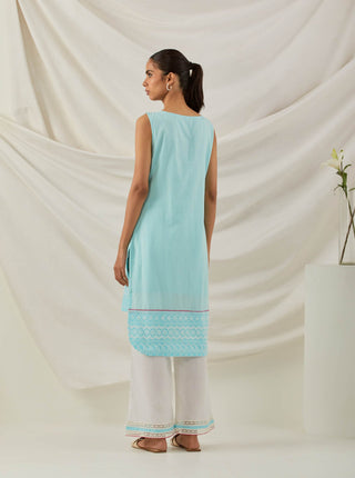 Blue Chikankari Afroza High Low Kurta and Palazzo with lace detail back side view 