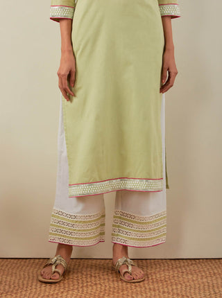Green Plain Rozana Straight Kurta With Chikankari Placket and Palazzo with wide lace detail (Set of 2) Down Side View