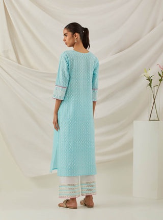 Blue Chikankari Rooh Straight Kurta and Palazzo with wide lace detail (Set of 2) Back View