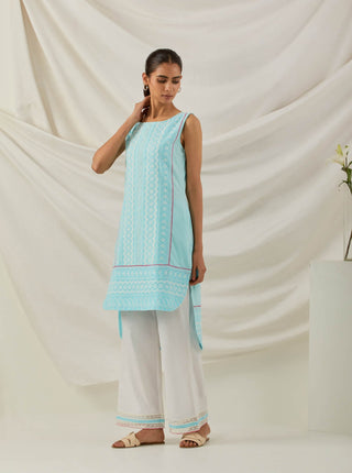 Blue Chikankari Afroza High Low Kurta and Palazzo with lace detail & Dupatta (Set of 3) Left view