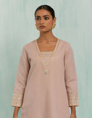 Pale Pink Rukhsaar Straight Kurta And Palazzo With Gold Silver Gota Details (Set Of 2)