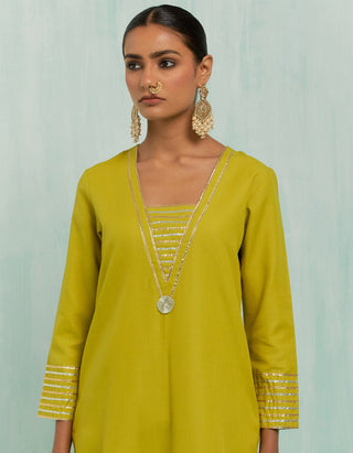 Lemon Green Rukhsaar Straight Kurta And Palazzo With Gold Silver Gota Details & Dupatta (Set Of 3)