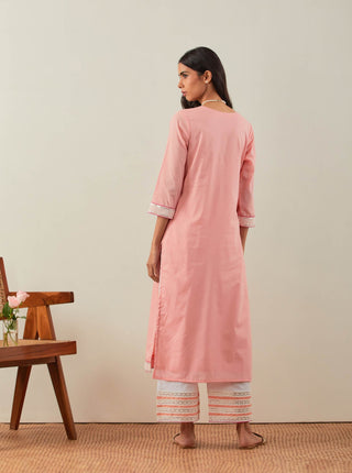 Peach Plain Rozana Straight Kurta With Chikankari Placket and Palazzo with wide lace detail (Set of 2) Back View