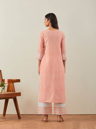 Peach Chikankari Rooh Straight Kurta and Palazzo with wide lace detail (Set of 2) Back View