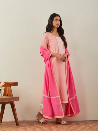Peach Plain Rozana Straight Kurta With Chikankari Placket and Palazzo with wide lace detail (Set of 2) Full Right View