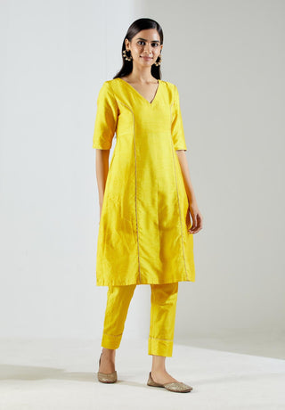 Yellow Markab Kurta Dress with Pant and dupatta (Set of 3) Right Front View