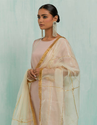 Pale Pink Rukbat Kurta And Salwar With Gold Silver Gota Details & Dupatta (Set Of 3)